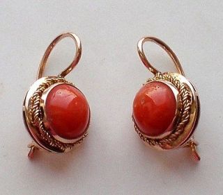 14K Rose Pink Gold Salmon Red Coral Dangle EARRINGS 14kt 5 grams