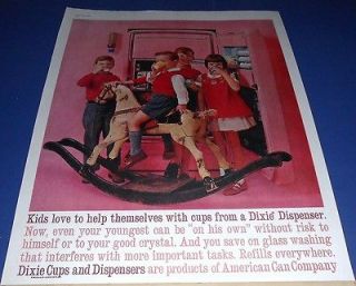 1960 Dixie Cups & Dispenser Ad ~ kids in pink kitchen ~ old rocking