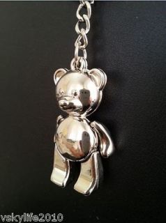 Cute Teddy Bear Alloy Metal Keyring 3D Silver Shiny Reflective Surface