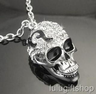 WHITE GOLD PLATED 3D SKULL PENDANT NECKLACE USE SWAROVSKI CRYSTALS