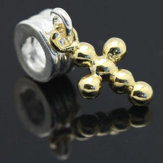 14K GP Cross Pendant Silver European Charm Bead for Bracelet/Necklace