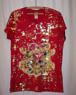 NWT   OX OR XL ED HARDY EMBELLISHED METALLIC LADIES SHORT SLEEVED T