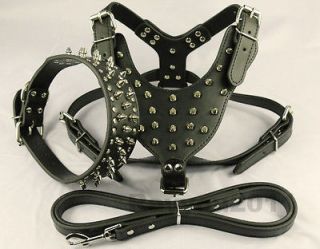 Black Spiked&Studded Leather Dog Harness&Collar&Leashes SET for Pit