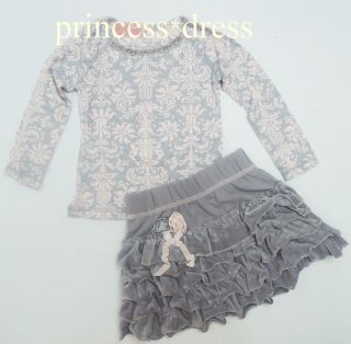 Girls Long Sleeves Gray Pink Demask Top Ruffles Rose Skirt Tutu 2pc