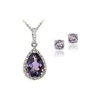 925 Silver 3.25ct Amethyst & Diamond Teardrop Necklace & Earrings Set