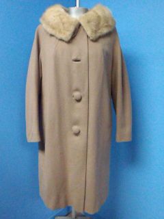 50579 MICHEL DANIEL   SHINY MINK FUR COLLAR Vtg Brown WOOL Women Coat
