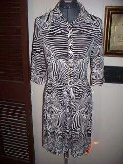 MERONA BLACK/WHITE ZEBRA PATTERN PARTIAL BUTTON FRONT SASH BELT DRESS