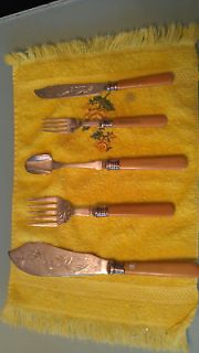 VINTAGE FAUX IVORY ENGRAVED KNIVES AND FORKS 19 PIECES SET FOR 8
