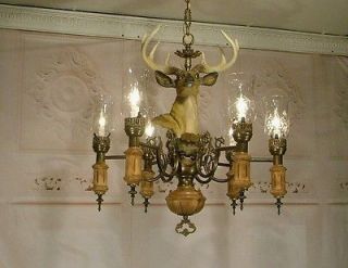 Antique Style Deer/Buck/Antler Head Figurine Chandelier Wood and Brass