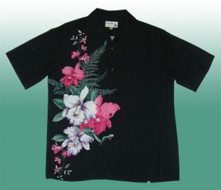 Hawaiian Black Rayon White and Pink Orchid Flower Men Aloha Shirt S,M