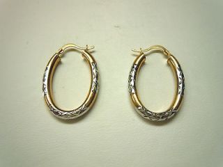 14K Two Tone Diamond Cut Oval Hoop Earrings