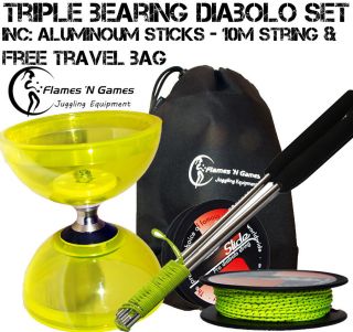 Quartz Triple Bearing Diabolo Set + Diablo String, Metal Sticks & Bag