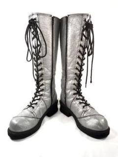 Womens Shoe NaNa Rock N Roll Metallic Silver Zip Boots Tall Lace
