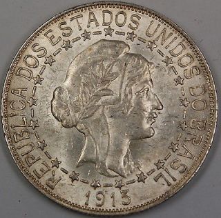 1913 Brazil 2000 Reis Silver Coin BU Unc, Stars & Dashes, KM 511