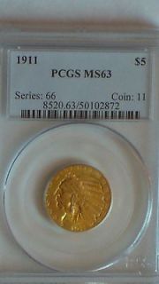 1911 $5 PCGS MS63 GOLD INDIAN HEAD HALF EAGLE COIN RARE $5 #50102872 0