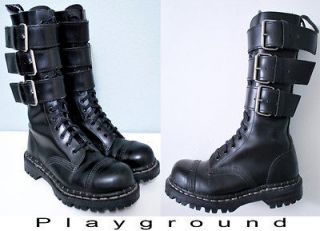 90s Vtg Black leather Gripfast 14 eye lace up triple buckle shoes tall