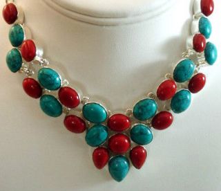 Fine Jewelry Sterling Silver Turquoise Necklace Coral Choker Collar