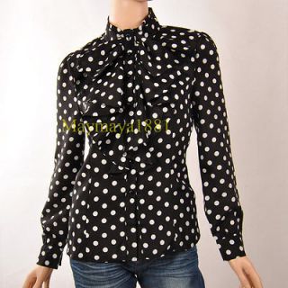 Clothes Ruffle Front high neck polka dot Print Top Shirt Blouse