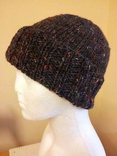 100% Irish Wool Donegal Aran Tweed turn back rib Hat, hand knit in