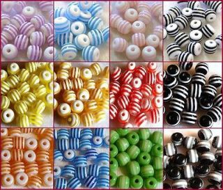 25 STRIPED DRUM SHAPED ACRYLIC BEADS   8mm   12 COLOUR VARIATIONS