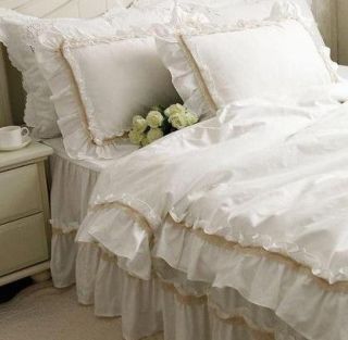 Shabby and elegant off white lace/white ruffle Duvet cover Bedding Set