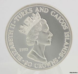 Caicos 20 Crowns 1993 Silver Moon Landing Apollo 11 Elizabeth II Coin