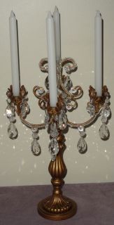 Opulent Treasures Antiqued Gold Tall Crystal Candle Holder Candelabra