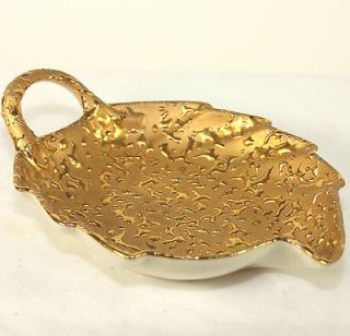 Hand Decorated Weeping Bright 22K Gold Leaf Shaped Dish, Card Holder