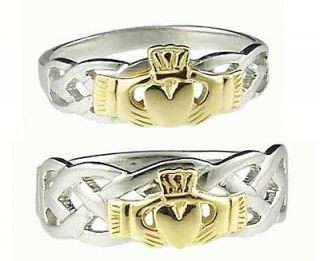 14K White Gold Sterling Silver Celtic Claddagh Band Wedding Ring Set