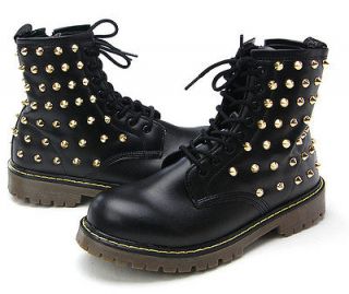 Womens SHINY BLACK Girls Faux Leather GOLD Studs Zip Combat Boots