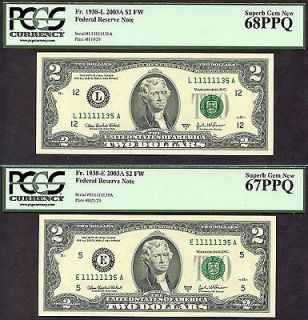 2003, $2 BANKNOTE, TWO DOLLAR, SAME SERIAL NUMBER, UNC, PCGS PPQ 67