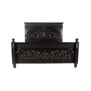GOTHIC CARVED DISTRESSED BLACK/GOLD MAHOGANY RENAISSANCE BED,SO CHIC