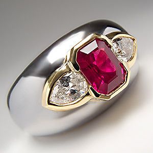 Ruby & Diamond Wide Band Cocktail Ring Solid 18K White & Yellow Gold