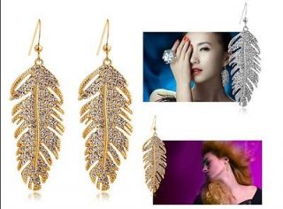 Dazzling Womens 9K Yellow Gold Filled CZ Zircon Earrings Leaf Style