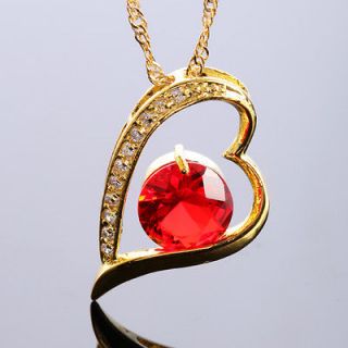 JEWELRY *ROUND HEART CUT RED RUBY GOLD TONE PENDANT NECKLACE FOR DRESS