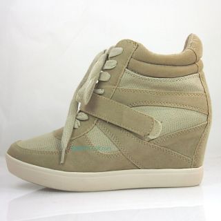 Bright Taupe Sneaker Wedge Heel Velcro Laced Up High Top SODA SHOE