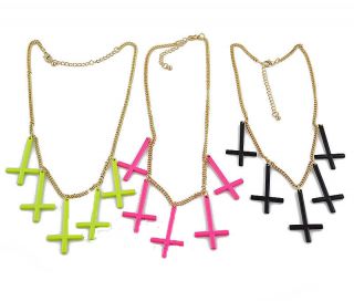 Fashion Black Pink Inverted Cross Gold Chain Collar Necklace Punk