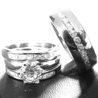 His & Hers 4 pcs Womens & Mens STAINLESS STEEL Engagement Wedding
