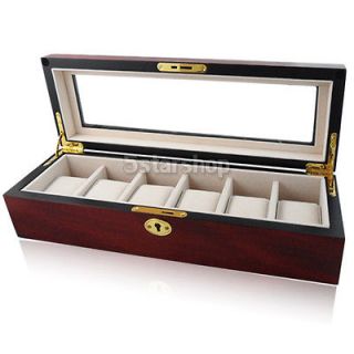 Slot Cherry Wood Watch Box Case Mens Jewelry Glass Top Storage