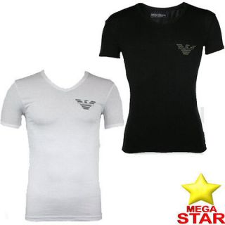 Mens Emporio Armani T Shirts Stretch Cotton V Neck Oversize Eagle Logo
