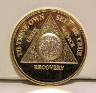 Alcoholic 10 Year Recovery (Gold Plated) Chip Medallion Medal Token AA