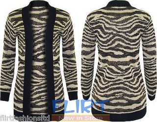 Womens Open Cardigan Ladies Knitted Animal Tiger Print Top Knit Warm