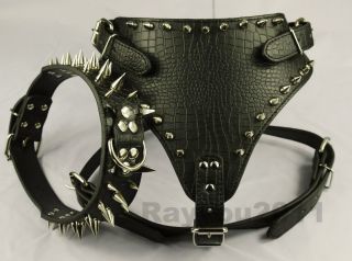 BLACK New Spiked&Studded Leather Dog Harness&Collar SET for Pit Bull