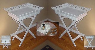 Two (2) White wood folding TV tray tables, drawers