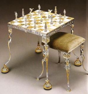 CHESS SET EGYPTIAN CIVILIZATION SILVER & GOLD PLATED ONYX BOARD