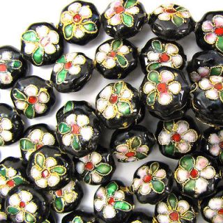 13mm cloisonne enamel flower coin disc beads black 15pc
