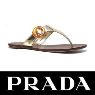 Prada ladies gold Laminated kid leather flat slippers thong Size US 8