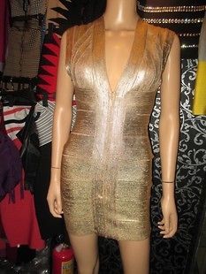 Dress Bodycon Celeb Deep V Evening Cocktail Dresses Gold XS S M L
