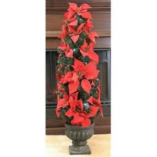 Red Artificial Poinsettia 3 Potted B/O Christmas Tree With Clear LED