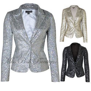 Womens Party Gold Silver Sequin Blazer One Button Padded Shoulders